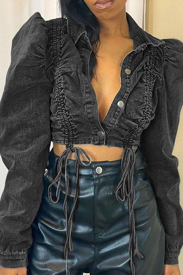 Solid Color Unique Drawstring Denim Jacket 1 Solid Color Unique Drawstring Denim Jacket